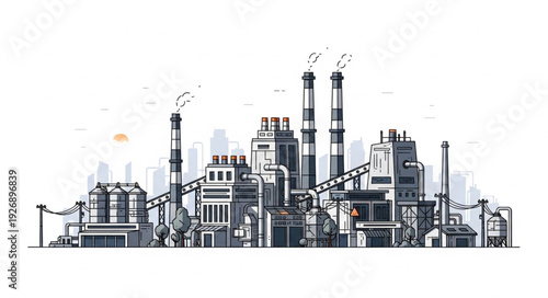 Industrial complex illustration showcasing factories and infrastructure with smokestacks emitting.
