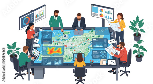 Team collaborating around a futuristic data visualization table.