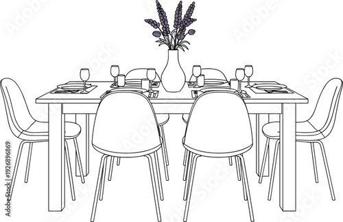 Dining table setup line art illustration, modern dining room furniture outline with chairs plates glasses and flower vase minimalist interior design