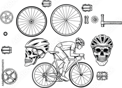 Cyclist skull helmet vector illustration set, road bike rider with bicycle parts gears wheels pedals edgy cycling design isolated artwork