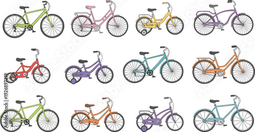 Colorful bicycle vector illustration set, kids and adult bikes collection, city cycling transport design isolated modern retro bicycle bundle artwork