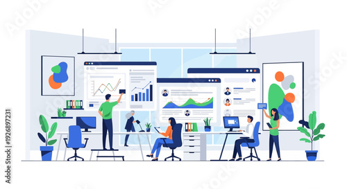 Team Collaborating on Business Analytics in Modern Office.