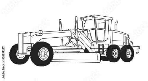 Line art illustration of a motor grader construction vehicle.