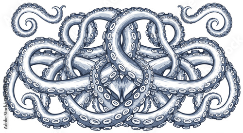 Abstract pattern of intertwined octopus tentacles with suckers
