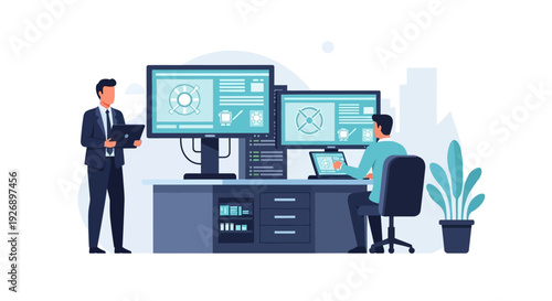 Two businessmen working together in a modern office environment.