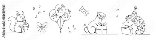 Animals celebrating birthday, squirrel ferret hedgehog party