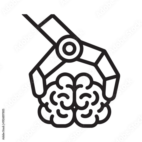 A stylized black outline depicts a robotic claw grasping a brain symbolizing artificial intelligence high quality professional