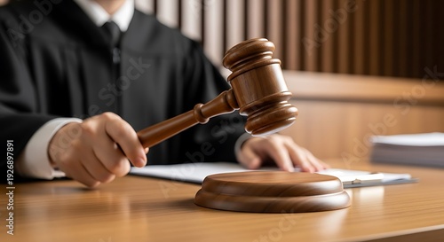 A judicial judge holding a wooden gavel and book in a courtroom symbolizes legal authority, justice, and the law during a divorce trial or tribunal judgment