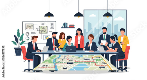 Team of professionals collaborating on a project in a modern office setting.