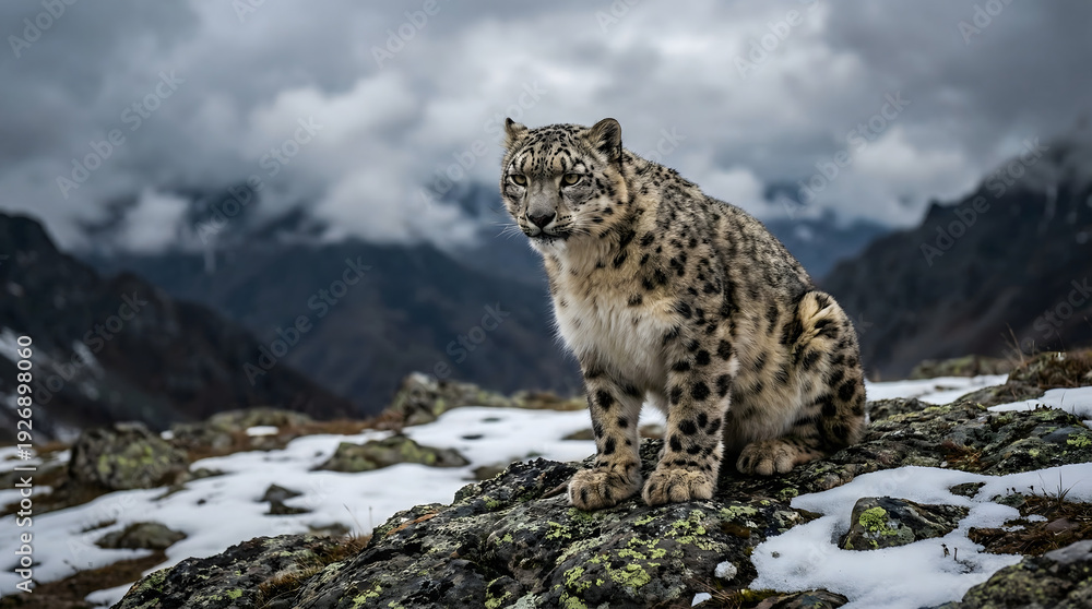 Fototapeta premium Snow Leopard in Mountain Habitat – Endangered Wildlife Concept