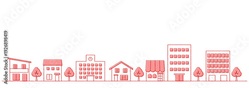 街並みのイラストのバナー背景　手描き風　横長　赤