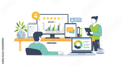 Business analytics and data visualization in modern office setting.