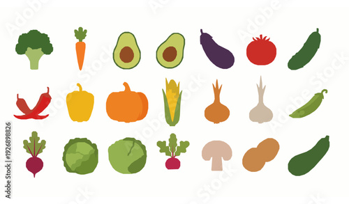 Flat Cartoon Colorful Vegetable Set with Broccoli Carrot Avocado Vector Collection