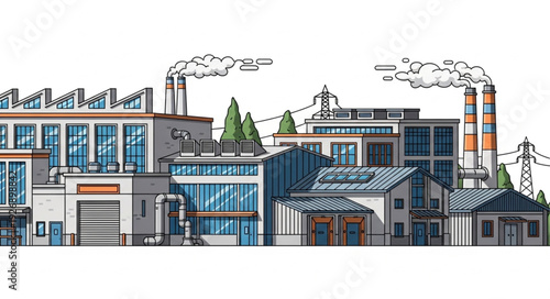 Industrial complex illustration depicting various buildings and smokestacks with emissions.