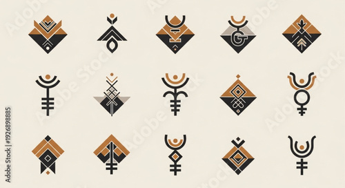 Geometric tribal symbols collection representing various spiritual and cultural concepts.