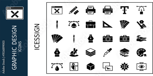 Graphic Design Icon Set Featuring Creative Tools, Camera, Printer, Color Palette, Pen Nib and Editing Symbols for Designer Vector Collection