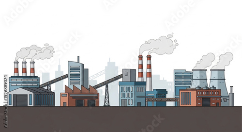 Industrial complex with factories and smokestacks emitting pollution into the air.