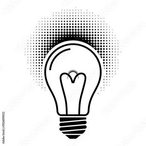 Light bulb icon glowing with halftone effect symbolizing idea and innovation in minimalist black and white line art