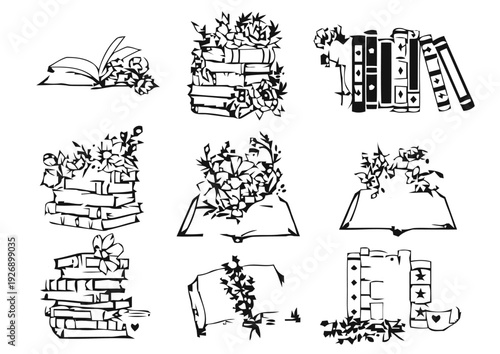 Vintage book illustrations with flowers and leaves set