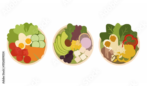 Three Colorful Healthy Salad Bowls with Vegetables Egg and Cheese Flat Vector Illustration