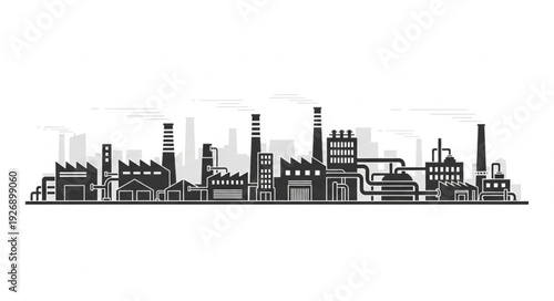 Industrial cityscape silhouette depicting factories and production facilities with smoke.