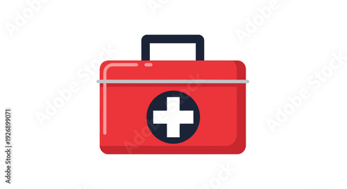 Red first aid kit with white cross on black circle