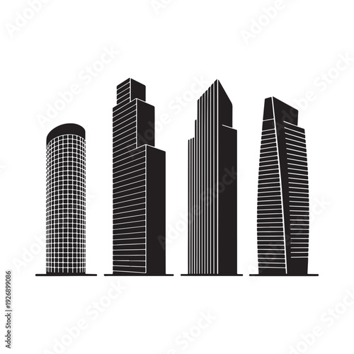 A stark black and white silhouette depicts a modern city skyline with four uniquely shaped skyscrapers