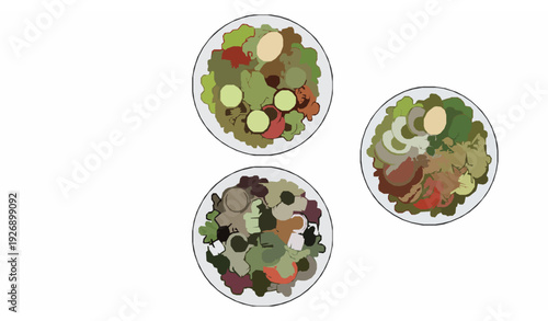 Colorful Salad Dishes with Vegetables Egg and Cheese Flat Cartoon Vector Set