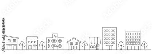 街並みのイラストのバナー背景　手描き風線画　横長