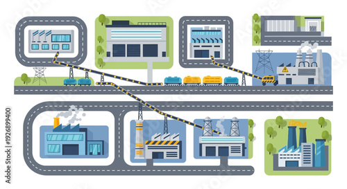 Industrial Production & Energy Network Infographic: Factories, Power Plants, Logistics, and Supply Chain Illustration