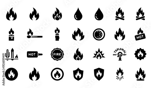Solid Fire Glyph Icons Set Bold Flame Symbols Vector Illustration