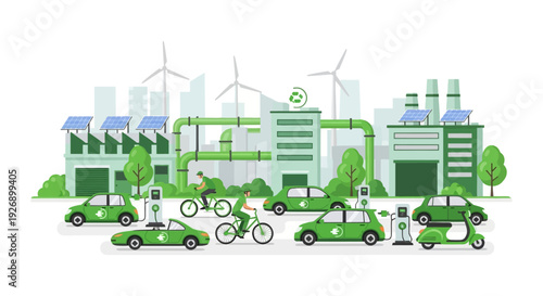 Green Energy City: Sustainable Urban Development with Solar Panels, Wind Turbines, Electric Vehicles, and Eco-Friendly Transport
