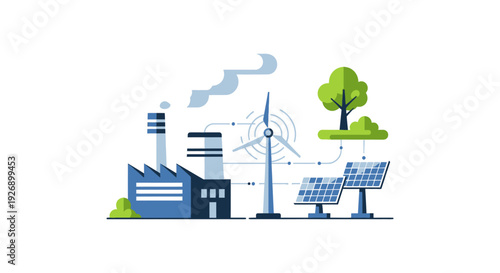 Sustainable Industry: Factory with Wind Turbine, Solar Panels, and Tree Representing Green Energy Transition & Eco-Friendly Production