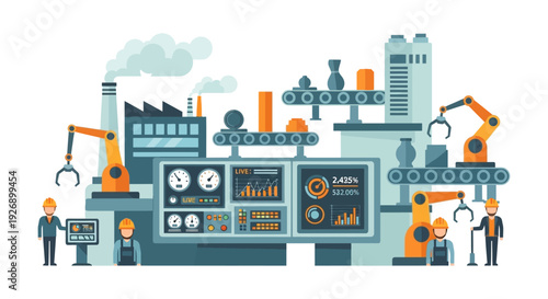 Smart Factory Industry 4.0 Automation. Robotic Production Line with Workers, Data Monitoring & Conveyor Belts. Modern Manufacturing Technology Flat Illustration.