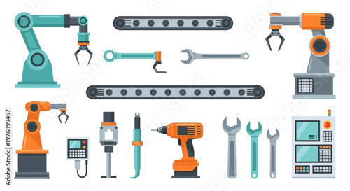 Industrial Automation & Robotics Flat Icons Set: Robotic Arms, Conveyor Belts, Tools, and Control Panels for Modern Manufacturing