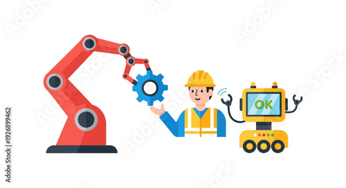 Industrial Automation and Human-Robot Collaboration: Engineer, Robotic Arm, and AI Robot Teamwork