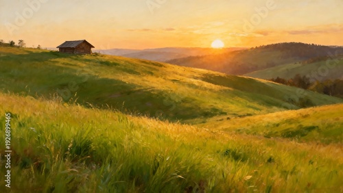 Sunset over grassy hill with small house
