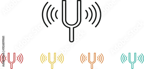 Sound Frequency Tuning Fork Icon Set with Vibration Wave Symbols in Multiple Colors for Audio Technology, Music Apps, Meditation, Healing, and Signal Concepts