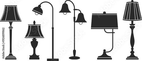 Black and white line of various lamps and lighting fixtures lampshade table lamp floor lamp