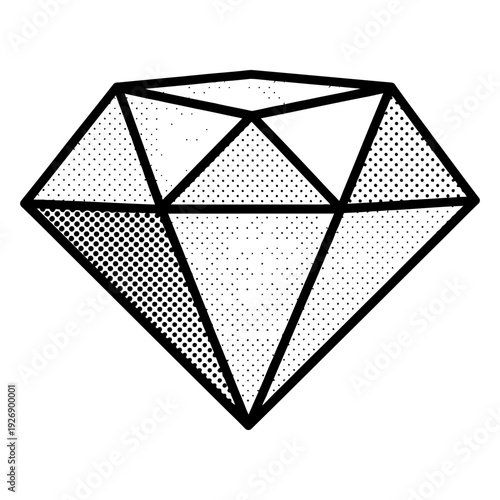 Diamond icon with halftone dot pattern in retro pop art style isolated on white