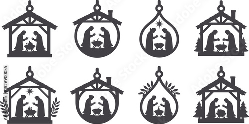 Black silhouette nativity scene ornaments with various shapes and decorations Christmas