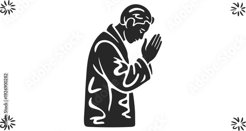 Black silhouette of a person in a robe praying with hands clasped together and small decorative around