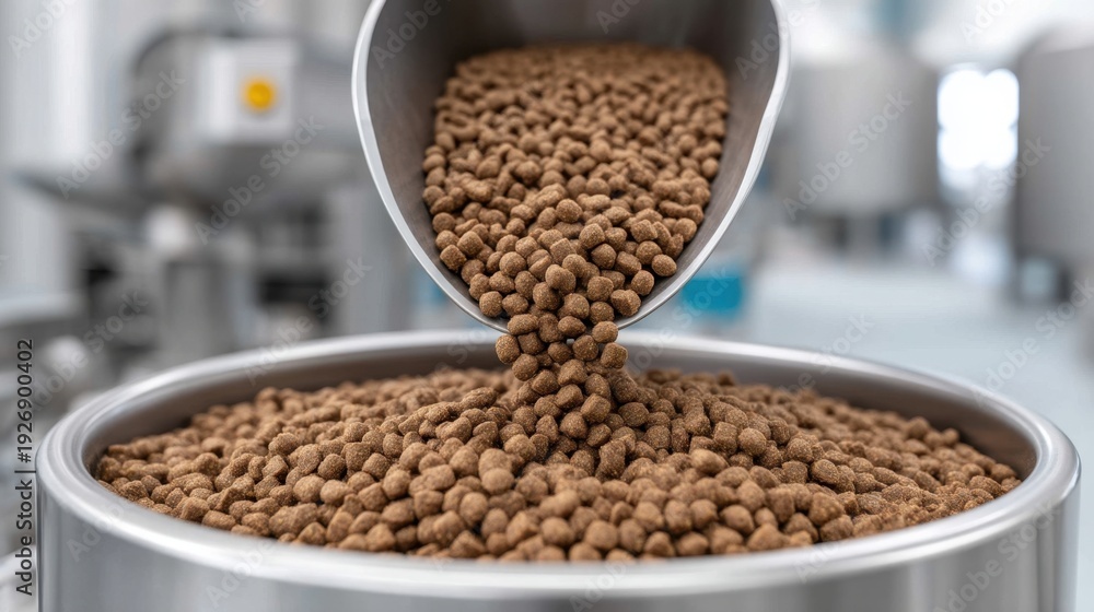 Obraz premium Close-Up View of Pet Food Pellets Being Poured From a Scoop into a Stainless Steel Container in a Modern Facility