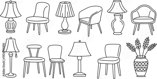 Collection of black and white line of vintage lamps and chairs with a vase of flowers line vintage