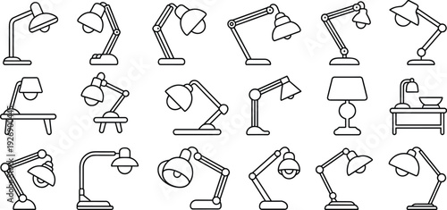 Collection of black and white line of various desk lamps and table lamps with different and shapes