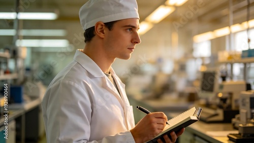 Man in lab coat writing in notebook