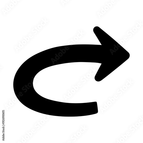 Curved arrow icon pointing right for redo or refresh symbol in black silhouette
