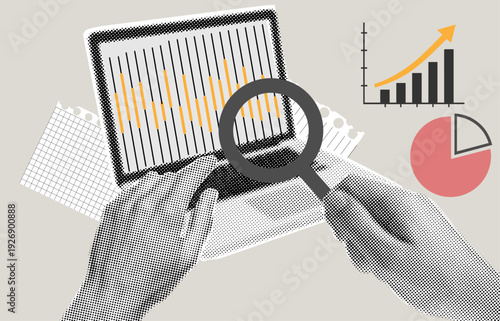 Halftone collage laptop,hand holding magnifying glass,Modern Data Analysis and Visualization Concept with Magnifying Glass, Statistical Charts, and Financial Metrics