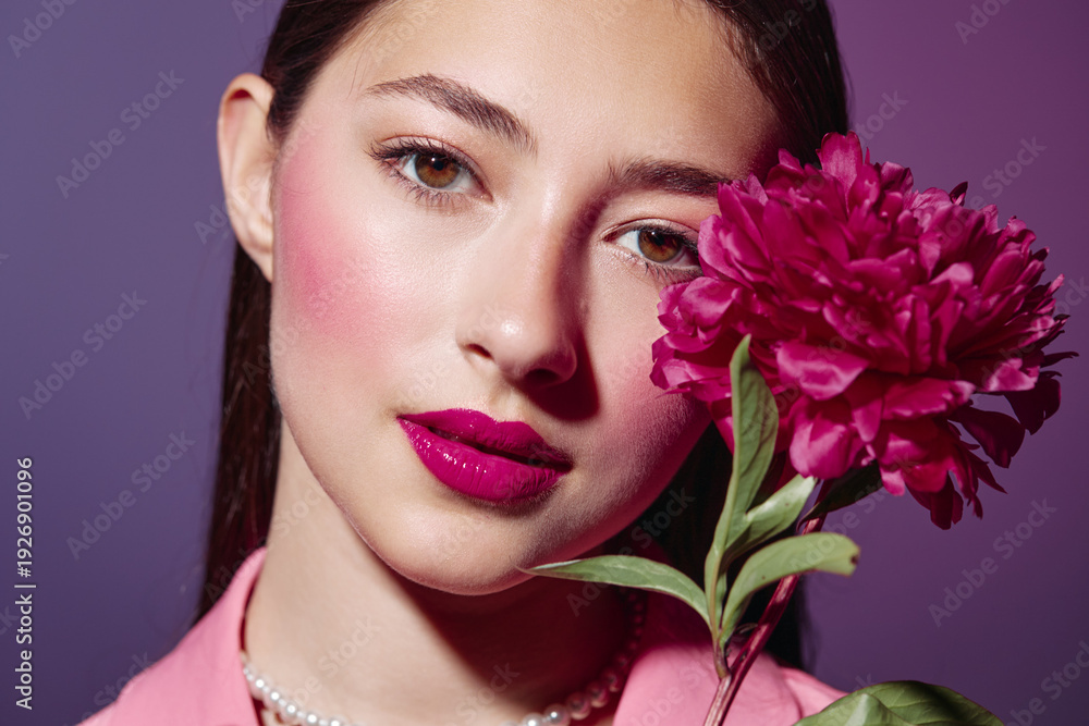 Fototapeta premium Close up portrait of young woman with creative vibrant pink makeup holding bright pink flower. Studio shot with purple background showcasing beauty fashion concept.