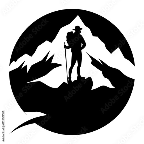 A lone explorer standing atop a jagged mountain peak at night Vector